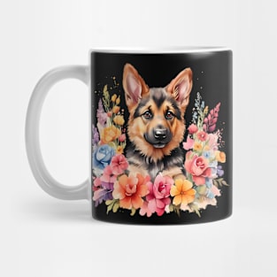 A german shepherd decorated with beautiful watercolor flowers Mug